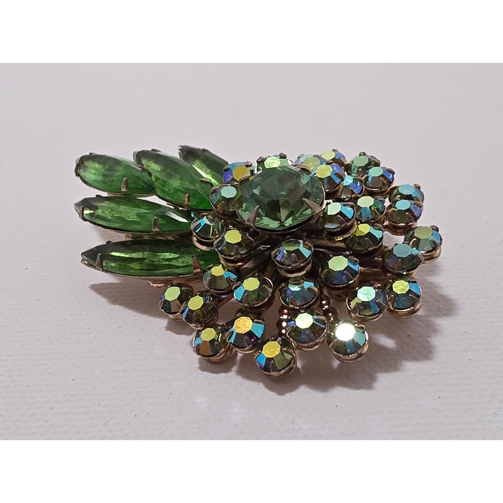 Judy Lee Vintage Brooch Green Marquise Aurora Borealis Rhinestone Gold Tone Pin